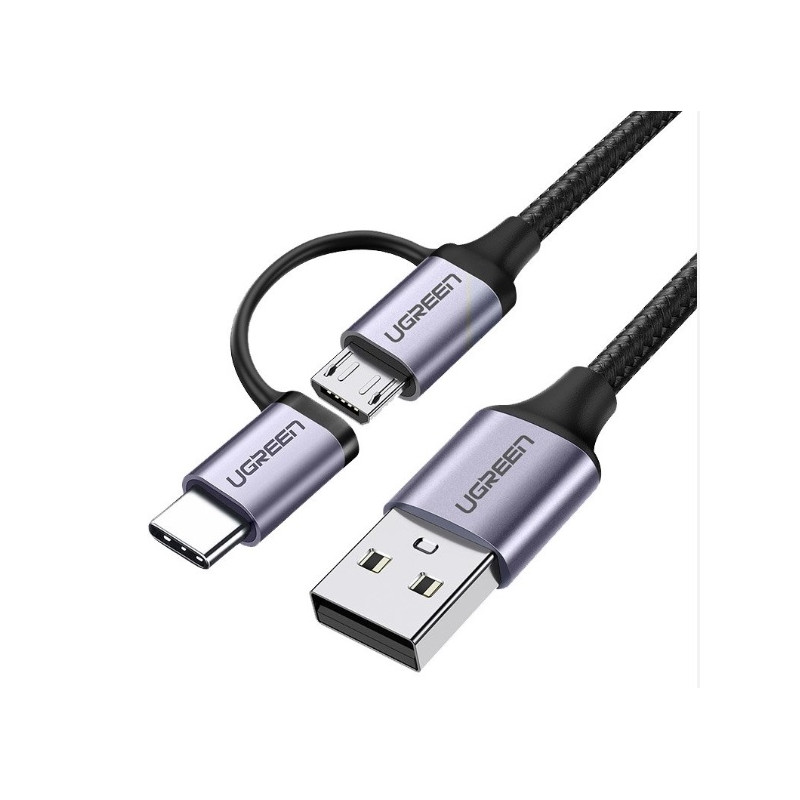 КАБЕЛ 2в1 USB А/USB MICRO+USB-C 3А,1М, UGREEN - ПЛЕТЕН ЧЕРЕН