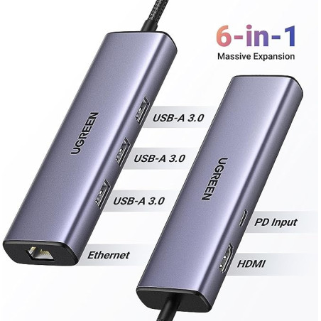 МУЛТИФУНКЦИОНАЛЕН АДАПТЕР 6in1 HDMI/USB/RJ45+PD CM512 UGREEN
