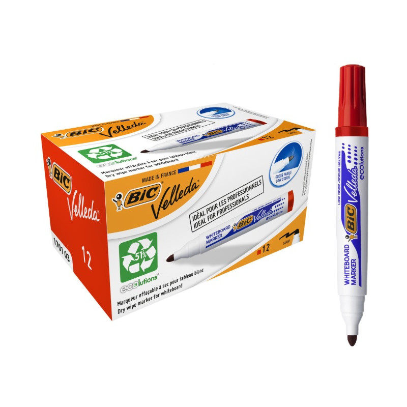КУТИЯ 12 БР. МАРКЕР VELLEDA ЧЕРВЕН ЗА БЯЛА ДЪСКА BIC
